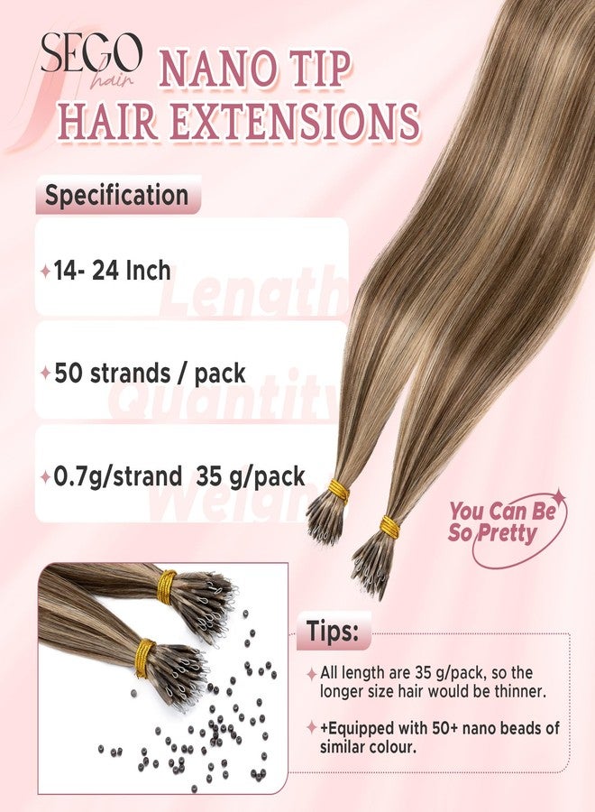 سيجو وصلات شعر سيجو نانو تيب، شعر بشري، وصلات شعر بتقنية بالياج مع خرز نانو، وصلات شعر متصلة مسبقًا للنساء، 0.7 غرام/خصلة، 50 خصلة 35 غرام/عبوة - 14 بوصة #4RP27R بني متوسط وأشقر داكن - Image 2